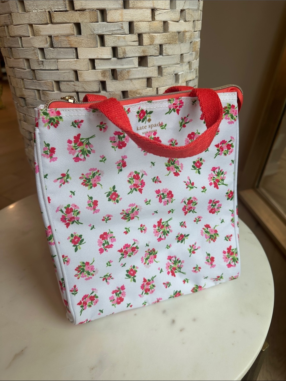 kate spade White Canvas Floral Tote Lunch Bag with Pink Handles